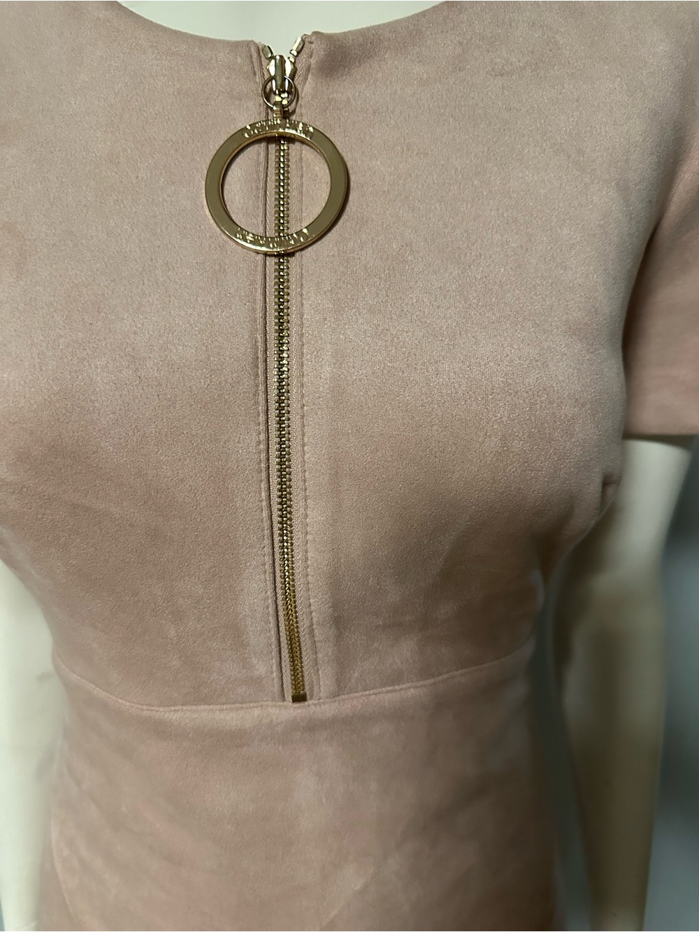 Calvin Klein Blush Pink Faux Suede Sheath Midi Dress Size 8 Gold Zip Pull Size 8